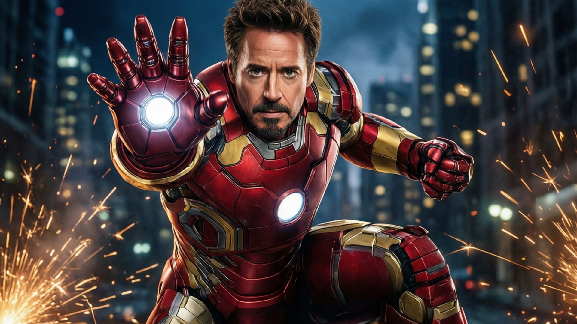 Iron Man Action 壁紙 — 身穿紅金裝甲的鋼鐵人，準備就緒，發光的斥力手對著閃爍的城市夜景背景。