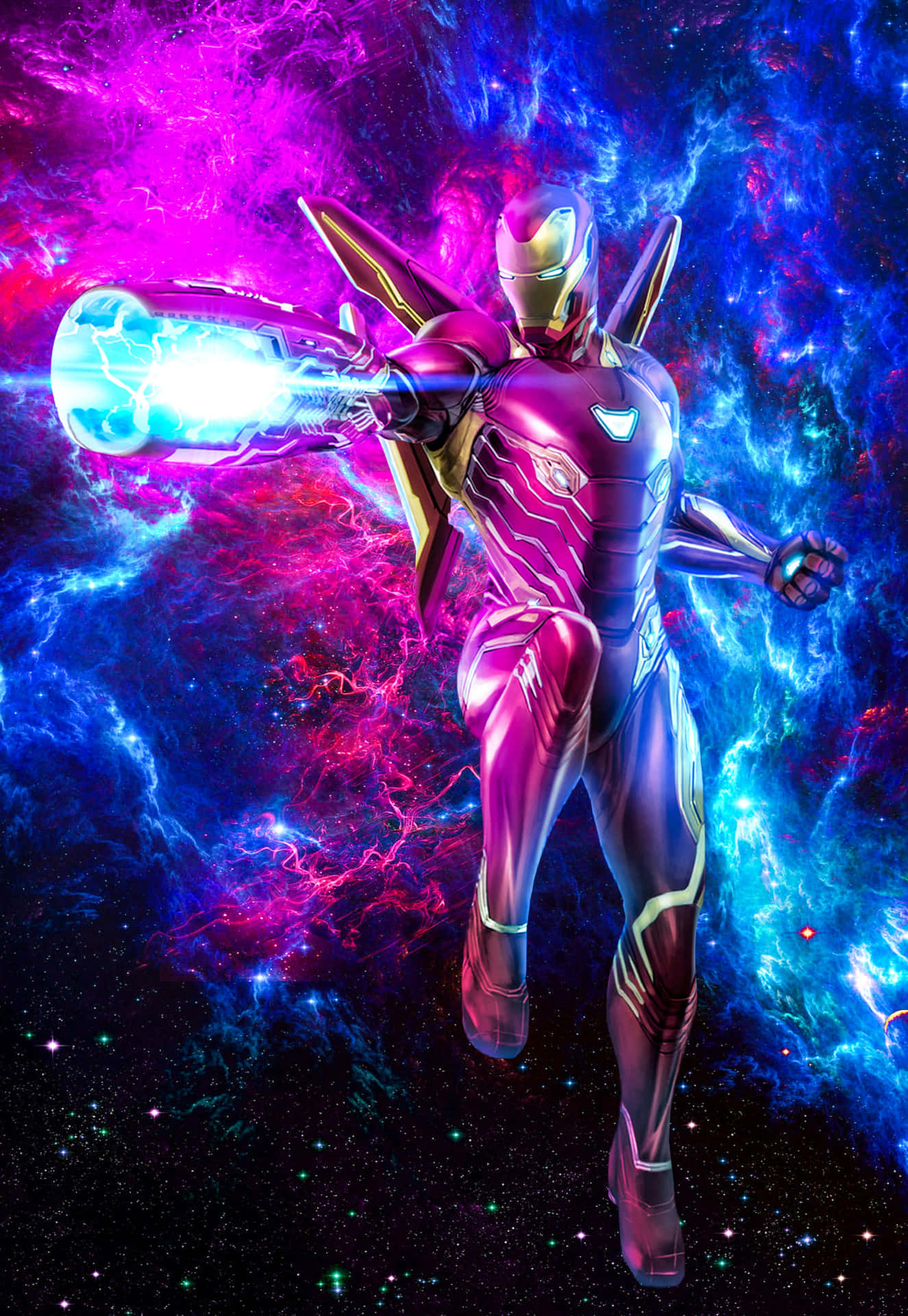  壁紙 — 鋼鐵人在宇宙星雲中翱翔，向旋轉的紫色和藍色星域發射發光的斥力炮。