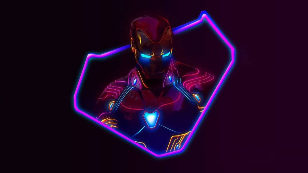 4K 雷神索爾壁紙 桌布 壁紙 — Iron Man 在發光的六邊形框架中，帶有霓虹紫色和藍色點綴，背景為深色。