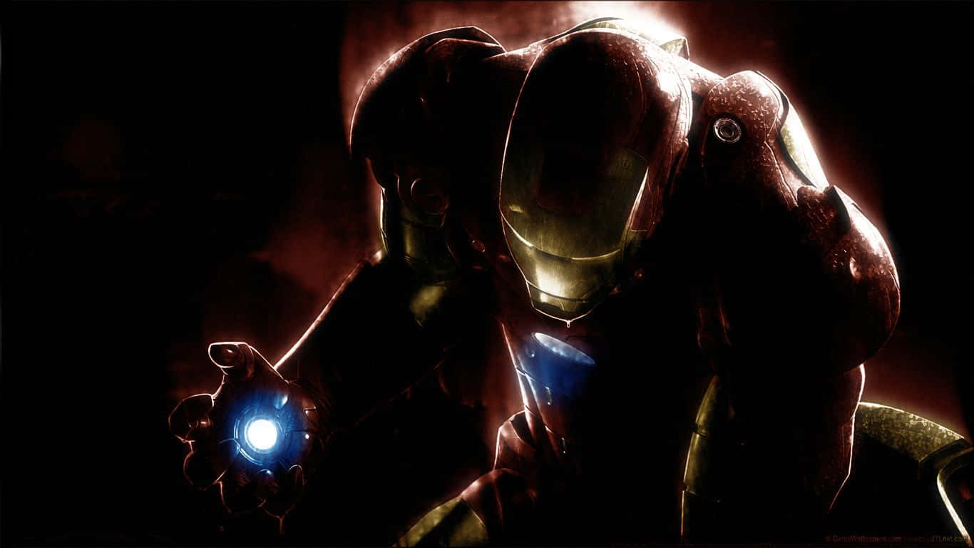 1366x768 Marvel 桌布 壁紙 — Iron Man 在黑暗剪影中，手持發光的弧形反應器，背景煙霧瀰漫，戲劇性的背光效果。
