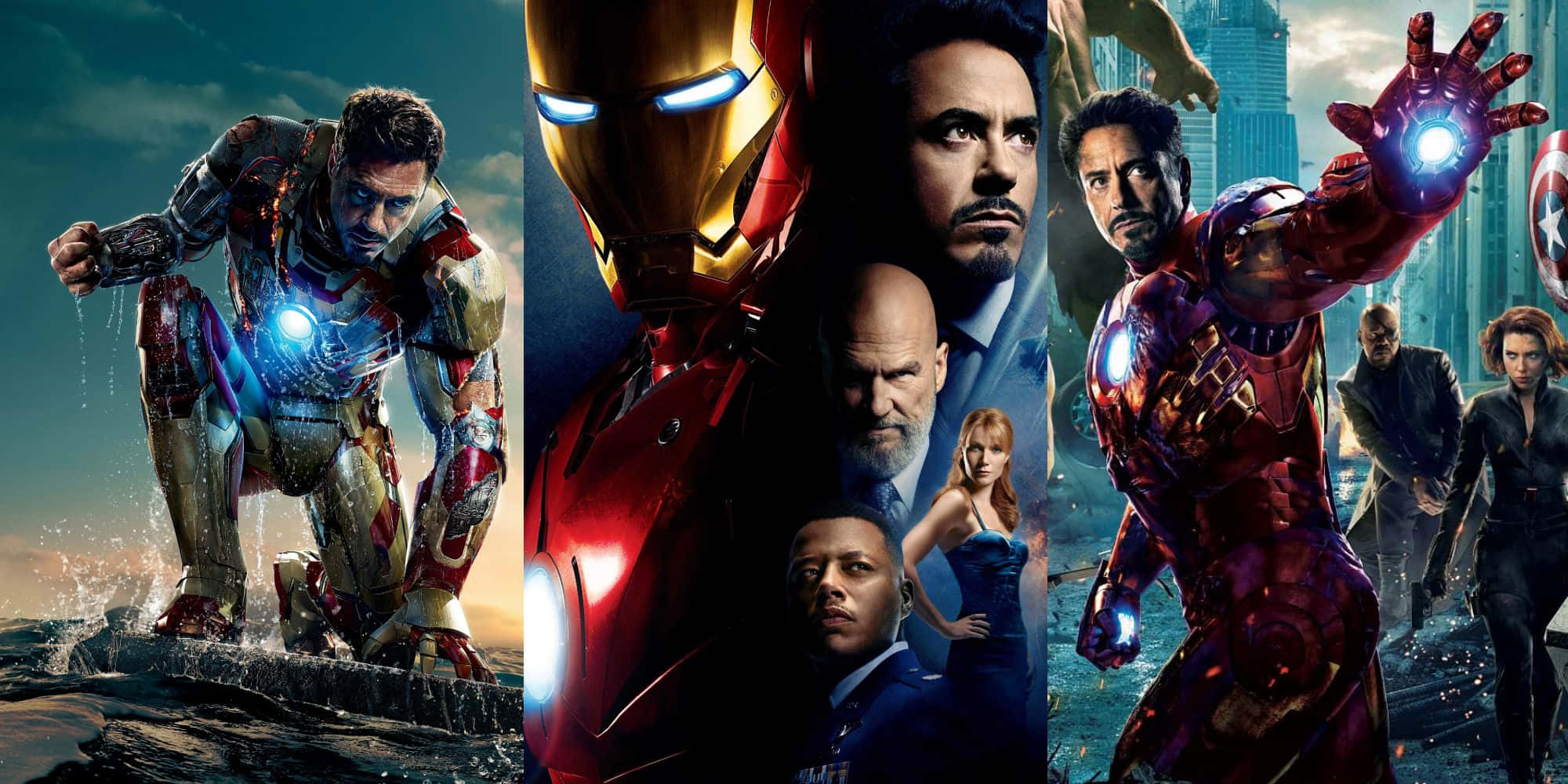 鋼鐵人 桌布 壁紙 — Iron Man 戰衣以動態姿勢展示發光斥力炮，背景為戲劇性的城市和海洋。