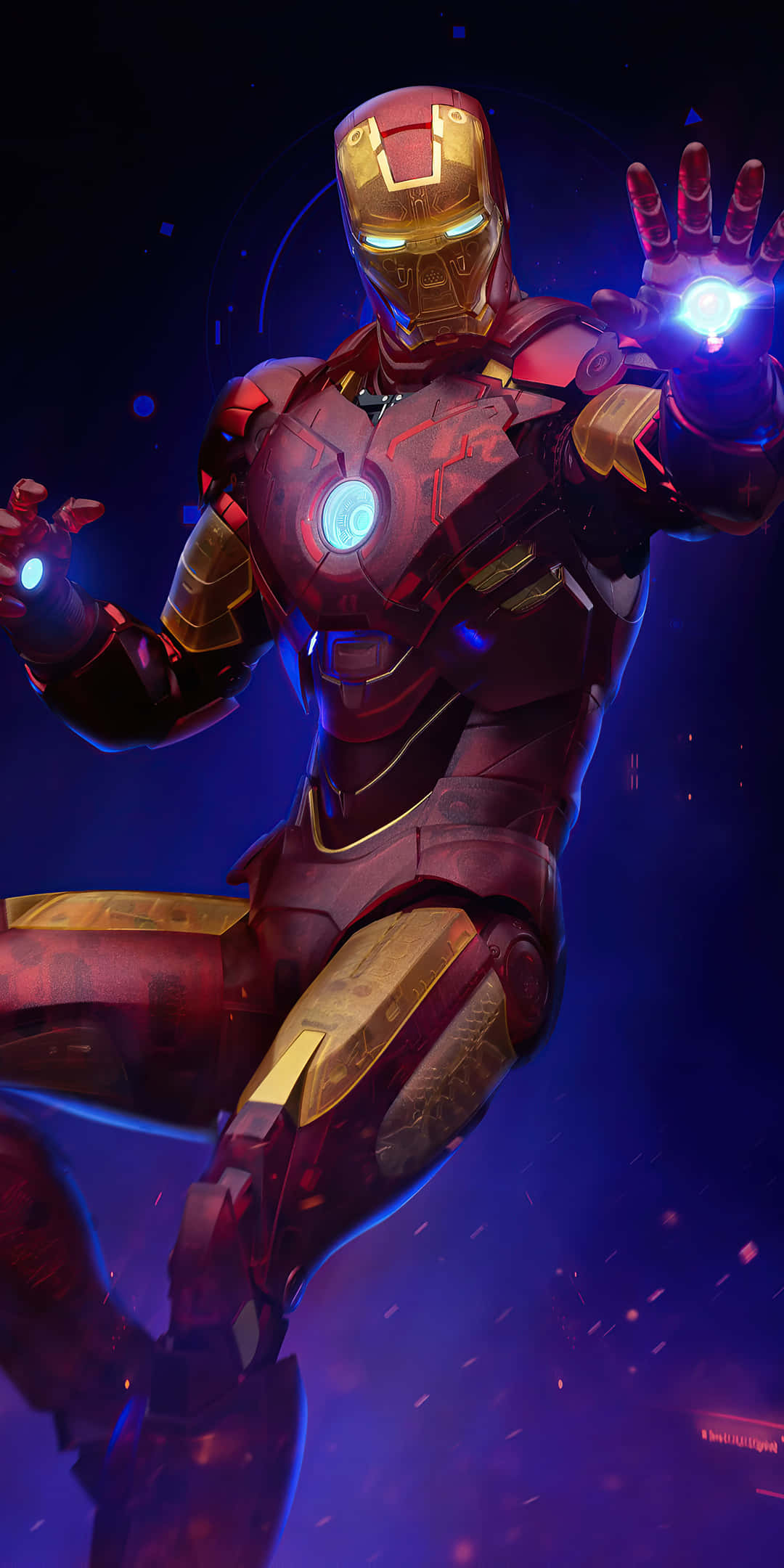 鋼鐵人 桌布 壁紙 — Iron Man 身穿紅金裝甲，在黑暗的宇宙背景下，伴隨著發光的斥力器和粒子效果，動態地站立著。