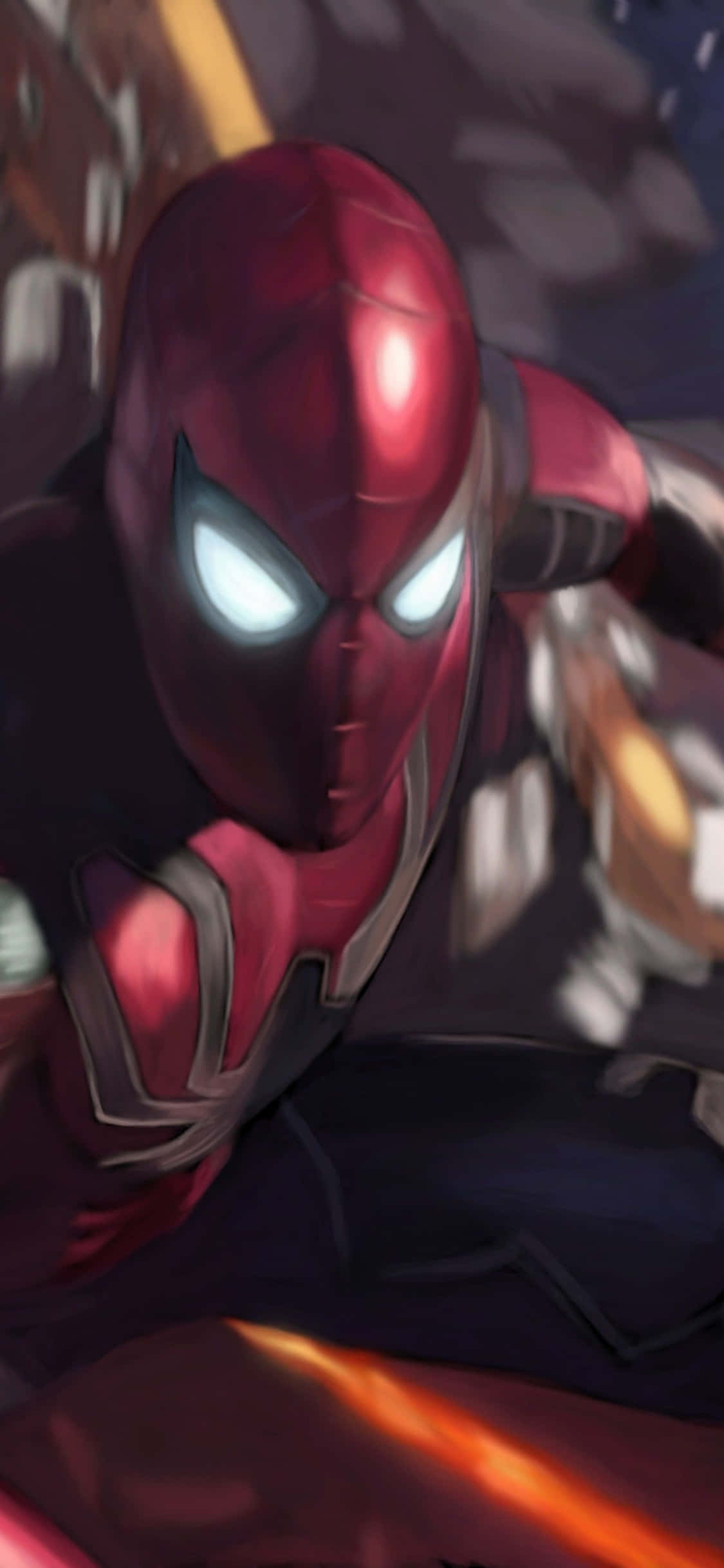 iPhone Xs Marvel's Avengers 桌布 壁紙 — Iron Spider 身穿紅色和銀色裝甲，白色眼睛發光，以模糊的城市背景為襯托的動態特寫。