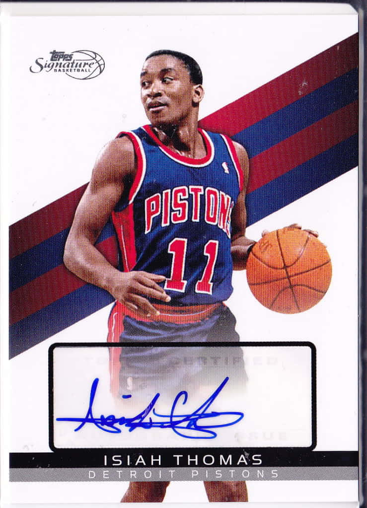 籃球 桌布 壁紙 — Isiah Thomas 身穿底特律活塞隊球衣，手持籃球，附簽名卡設計。