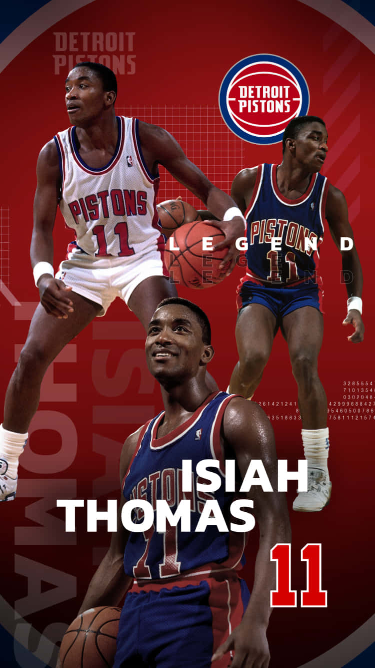 籃球 桌布 壁紙 — Isiah Thomas 身穿底特律活塞隊球衣，在鮮紅色背景上運球微笑的動態拼貼，附有球隊標誌。
