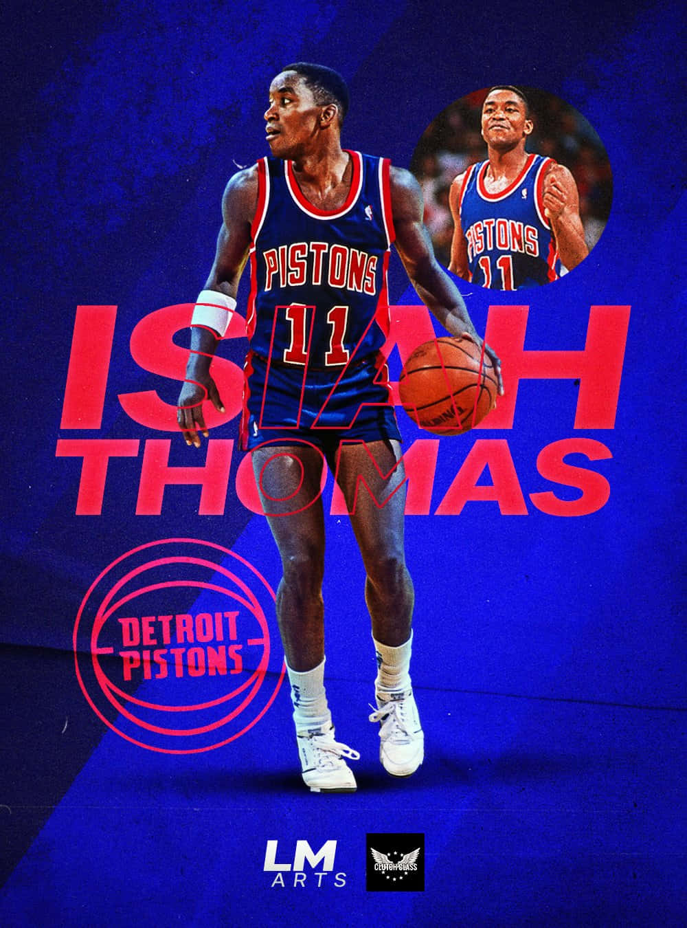 籃球 桌布 壁紙 — Isiah Thomas 身穿底特律活塞隊球衣，在深藍色背景上以粗體紅色文字襯托下運球。