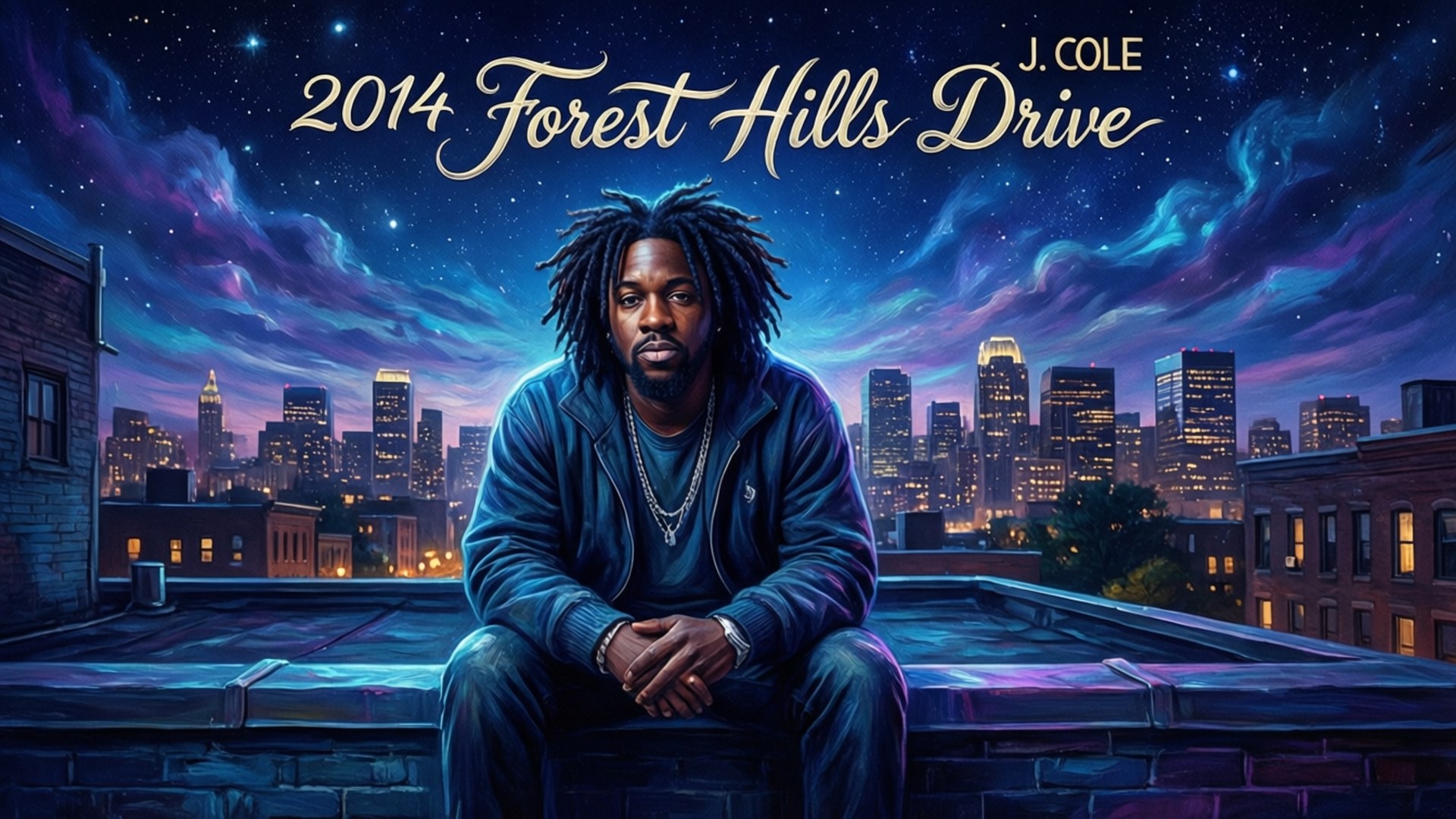 Forest Hills Drive Night 壁紙 — J Cole 莊嚴地坐在屋頂上，頭頂是璀璨星空，背後是閃爍的城市天際線。