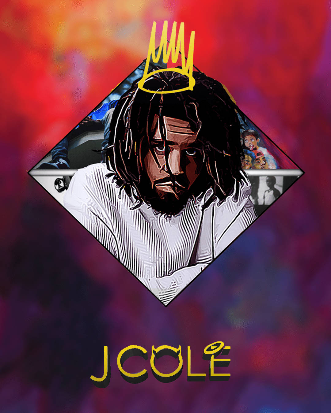 J 桌布 壁紙 — J Cole 的風格化肖像，頭頂有一個黃色皇冠，背景是充滿活力的紅色和紫色抽象背景。