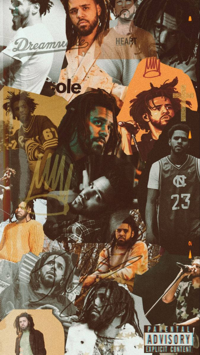 J 桌布 壁紙 — J. Cole 的鮮明拼貼，展示不同姿勢和服裝，加上粗體文字疊加和家長指引標籤。