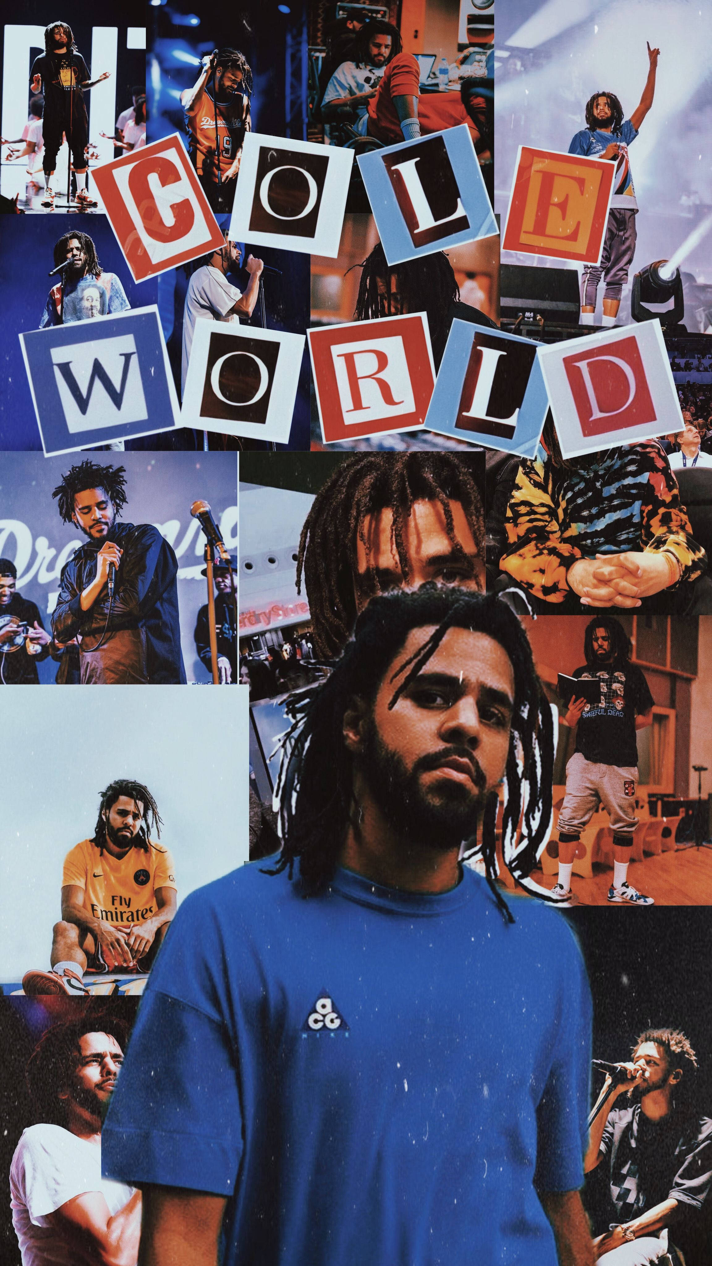 J 桌布 壁紙 — J. Cole 的鮮明拼貼，展示他在不同姿勢和場景中的樣子，並有粗體 'COLE WORLD' 字樣覆蓋構圖。
