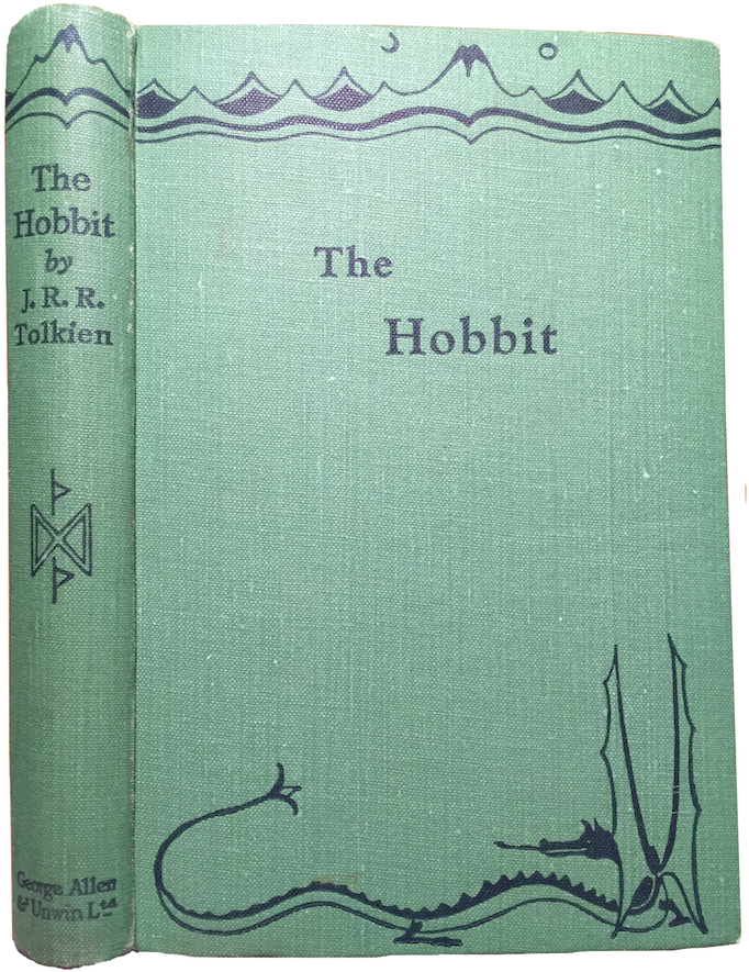 Hobbit 桌布 壁紙 — J.R.R.托爾金《哈比人》的復古綠色布面書套，附有龍插圖和山脈邊框。
