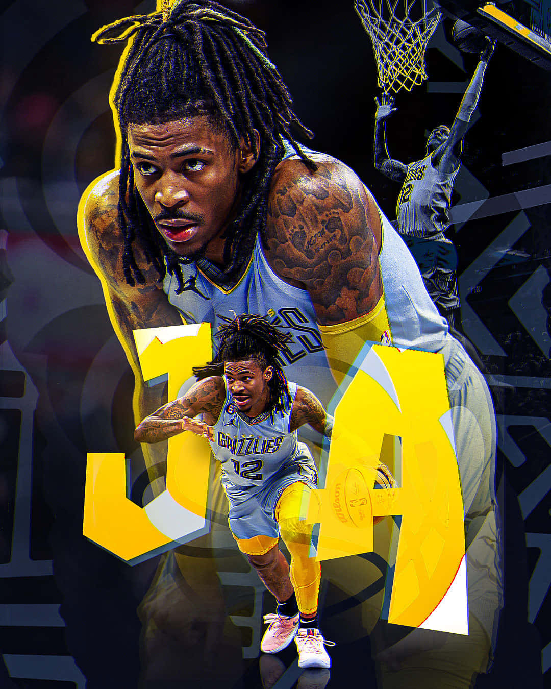  壁紙 — 籃球運動員Ja Morant在比賽中的動態數位藝術肖像，以大膽的黃色圖案和紋身凸顯。