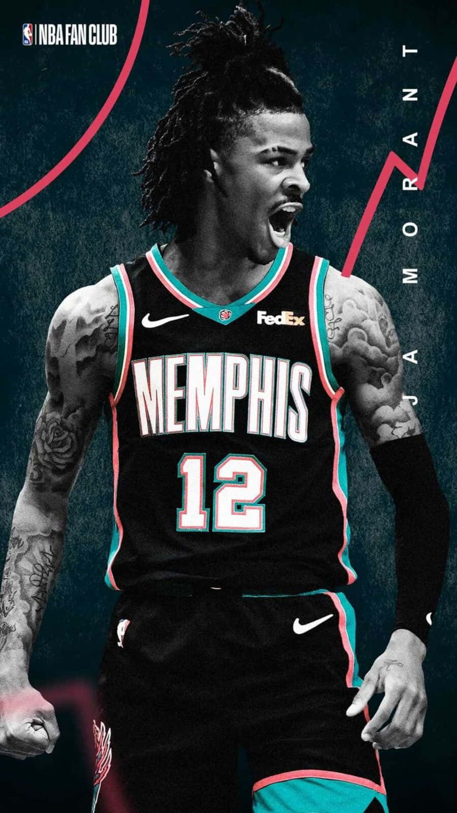  壁紙 — Ja Morant 身穿曼菲斯灰熊隊球衣，在深藍綠色背景上搭配粉紅色圖形點綴，發出強烈的咆哮。