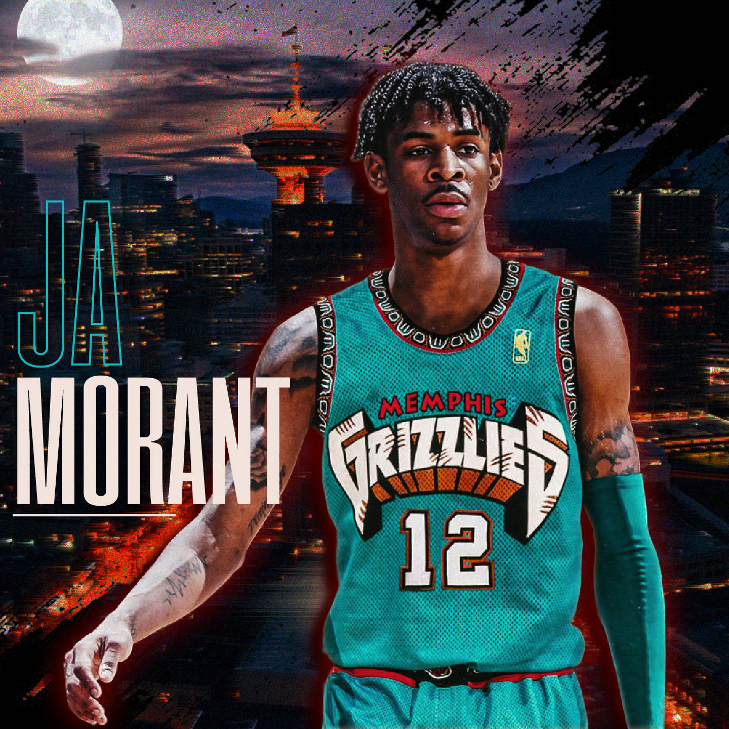 Ja Morant 身穿曼菲斯灰熊隊球衣，在滿月下以夜間城市天際線為背景。 — Ja Morant 動圖 壁紙
