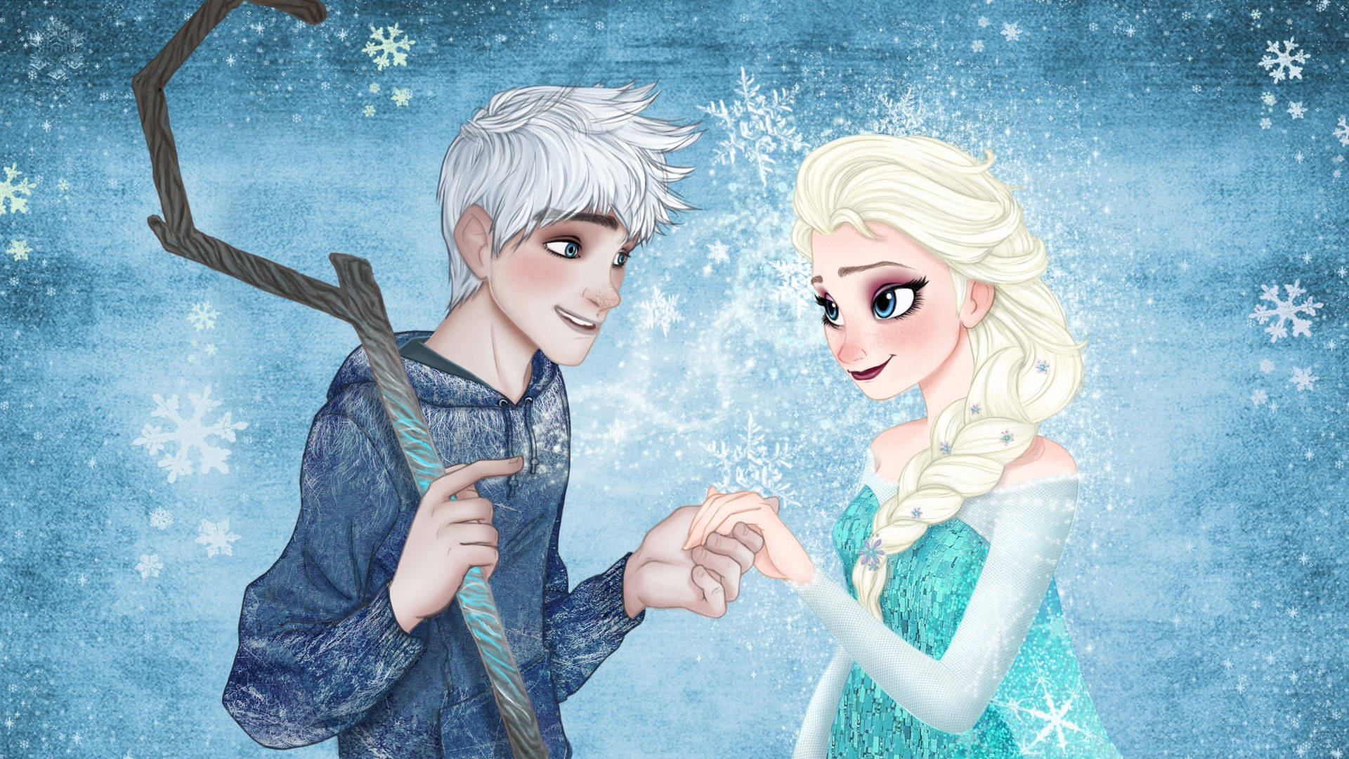 艾莎 桌布 壁紙 — Jack Frost 和 Elsa 在雪藍色背景上牽手，背景有飄落的雪花和冰枝。