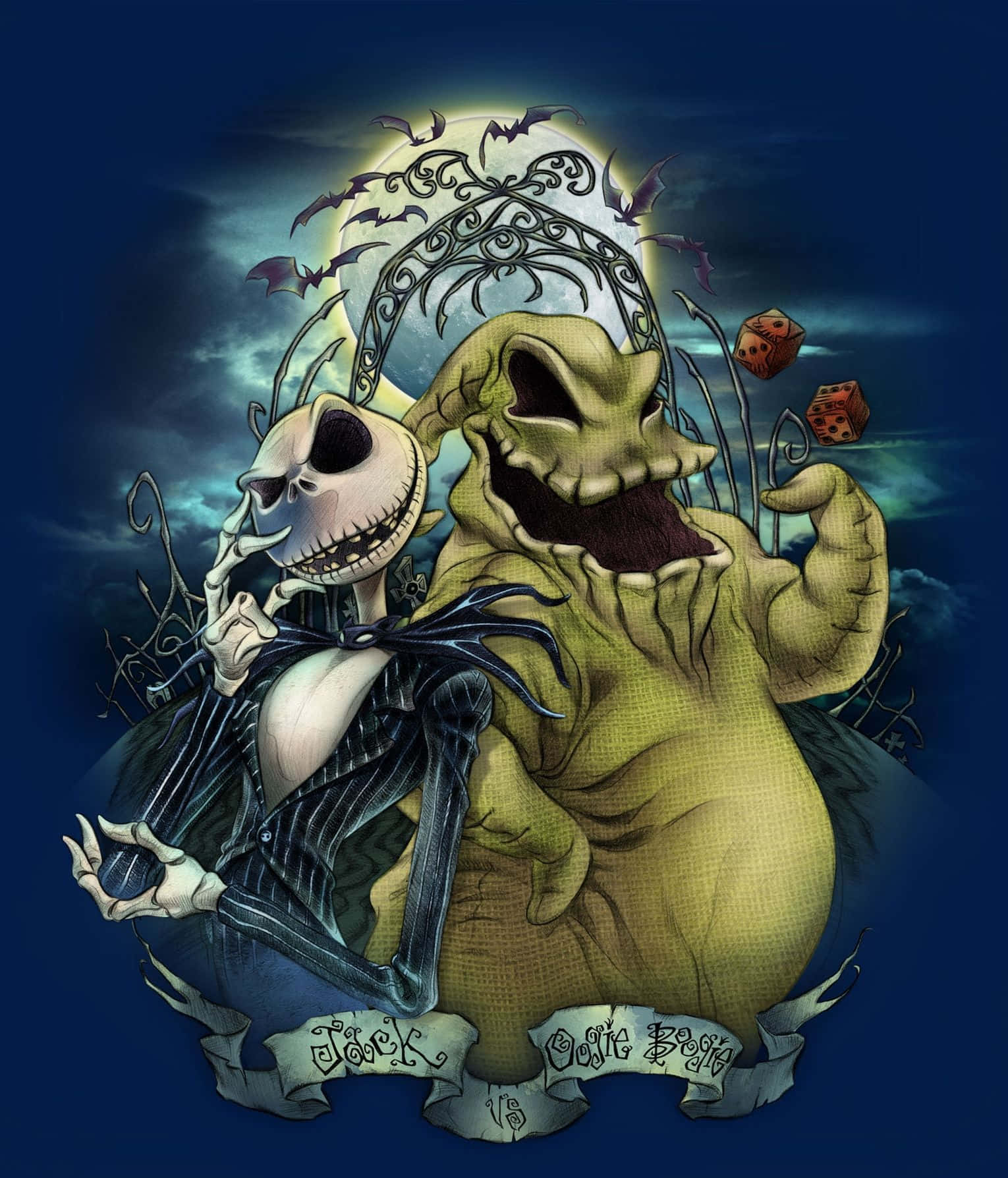 Jack Skellington 和 Oogie Boogie 在滿月下一起擺姿勢，蝙蝠在周圍飛舞。