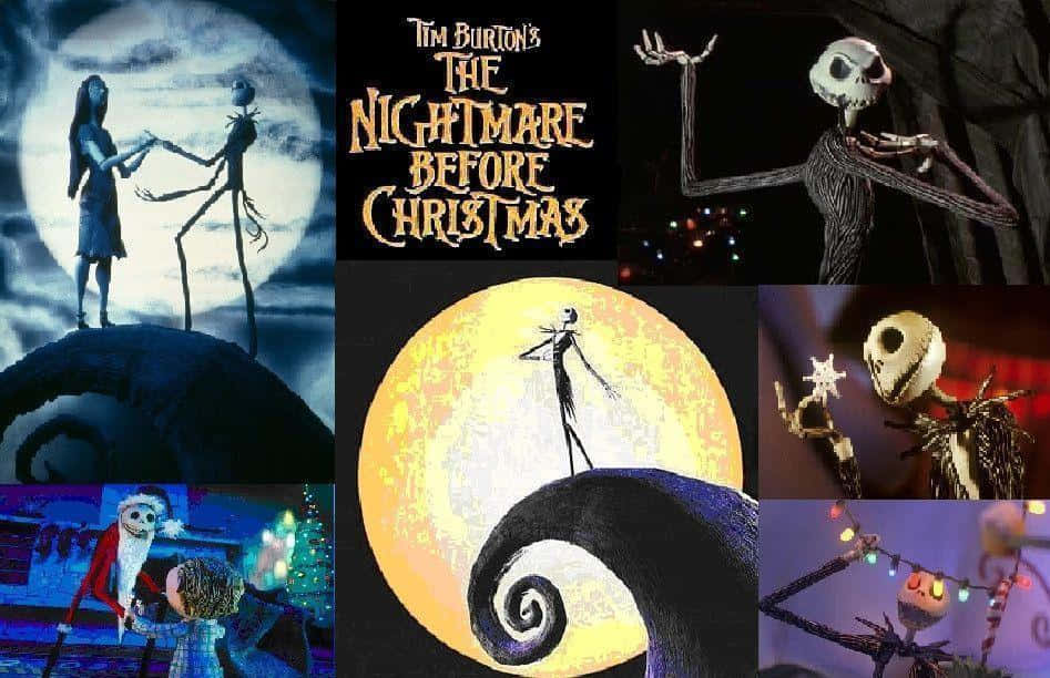 聖誕夜驚魂 桌布 壁紙 — Jack Skellington 與 Sally 在 Tim Burton 的《聖誕夜驚魂》拼貼畫中於滿月下跳舞。