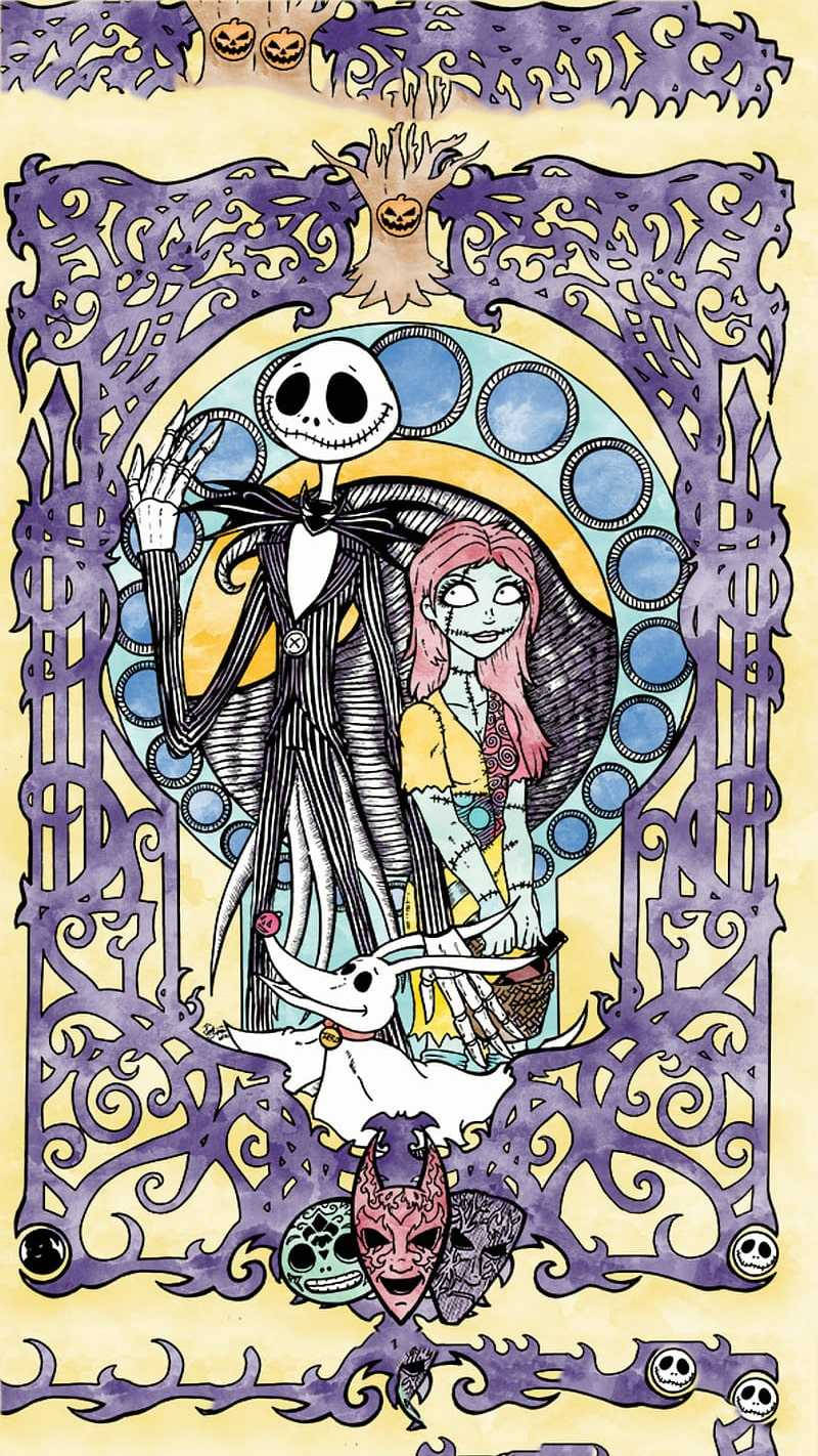 nightmare 桌布 壁紙 — Jack Skellington 和 Sally 一起站在一個裝飾華麗的紫色畫框中，畫框上有南瓜和骷髏頭，周圍環繞著萬聖節圖案。