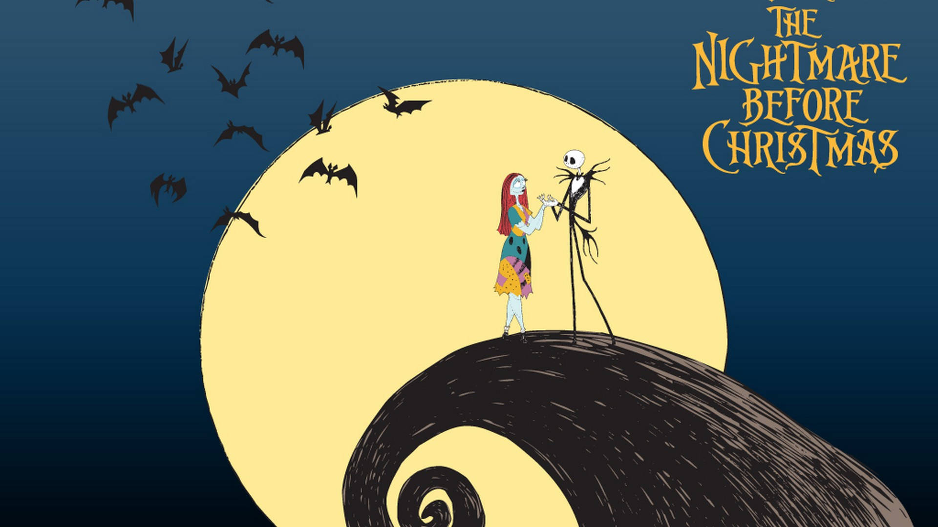 nightmare 桌布 壁紙 — Jack Skellington 和 Sally 站在螺旋形山丘上，一輪巨大的黃色月亮下，蝙蝠在深藍色的天空中飛翔。