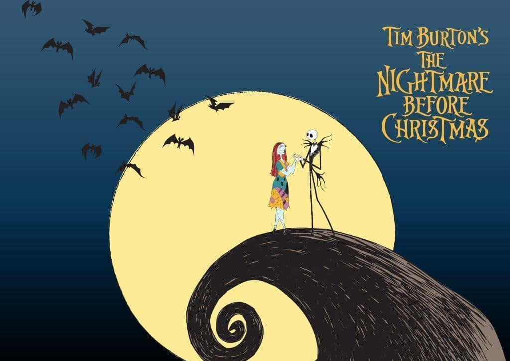 聖誕夜驚魂 桌布 壁紙 — Jack Skellington 和 Sally 站在螺旋形山丘頂上，滿月下蝙蝠在深藍色天空中飛翔。