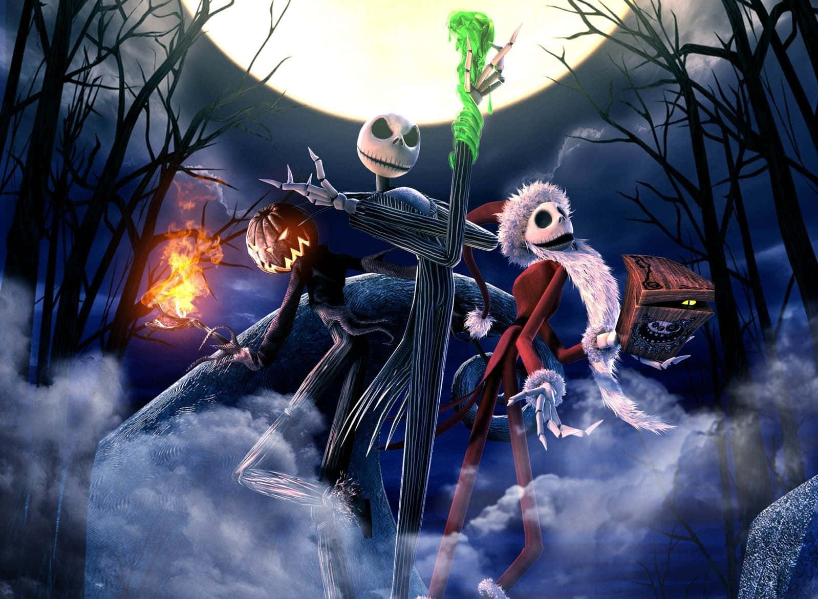 聖誕夜驚魂 桌布 壁紙 — Jack Skellington 和 Sally 騎著一個巨大的南瓜穿過一個陰森的森林，在滿月下，有發光的眼睛和火把。