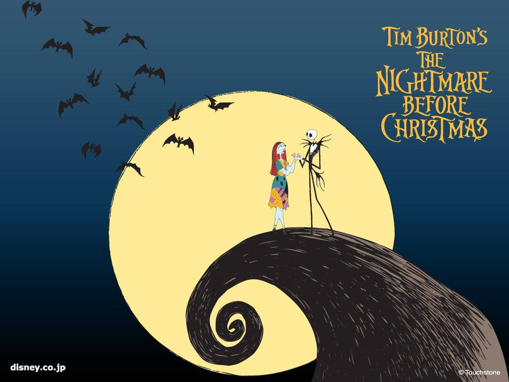 nightmare 桌布 壁紙 — Jack Skellington 和 Sally 站在螺旋形山頂上，在巨大的黃色月亮下，蝙蝠飛過深藍色的天空。