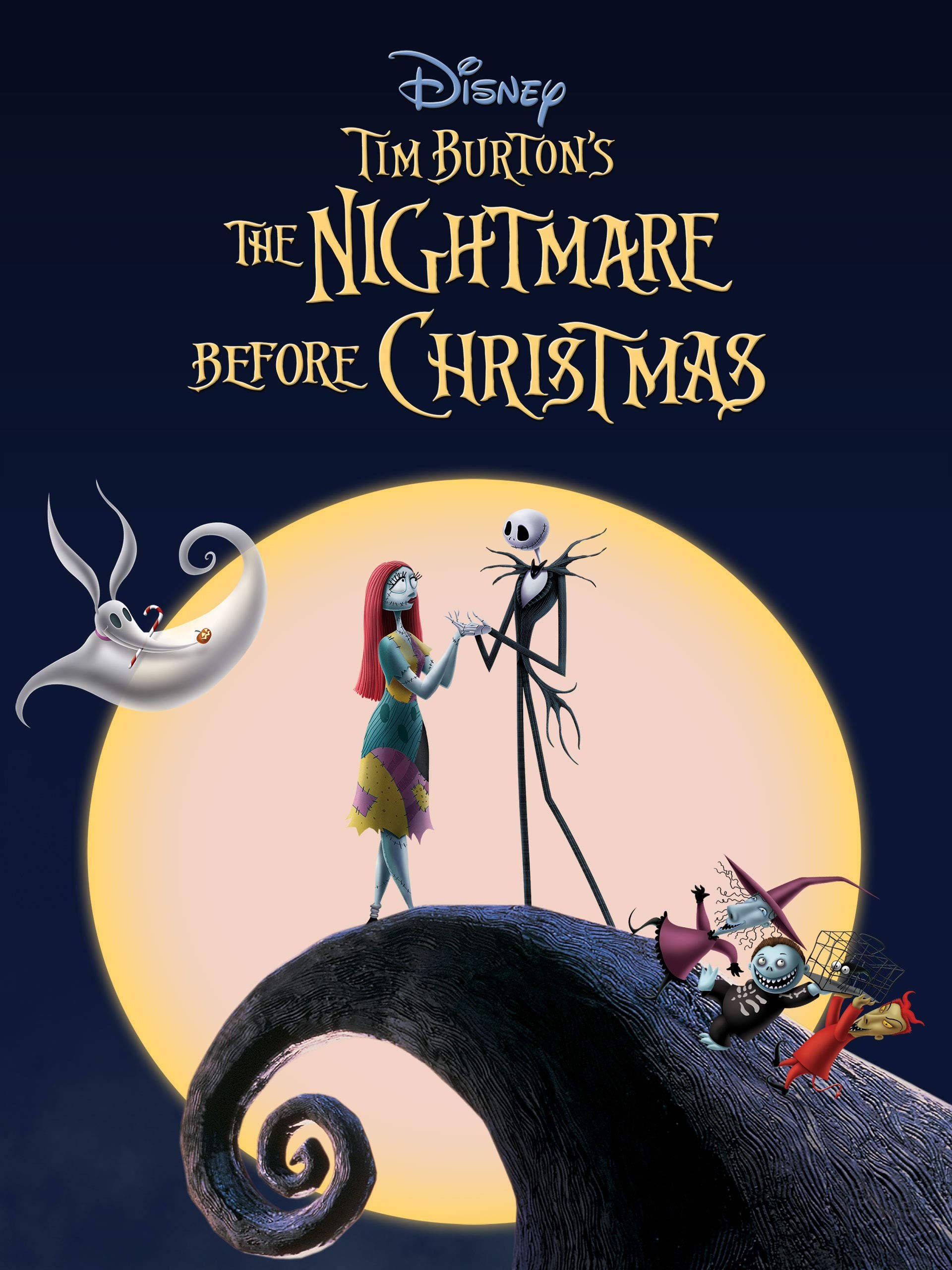 nightmare 桌布 壁紙 — Jack Skellington 和 Sally 站在一個扭曲的山丘上，在巨大的月亮下，與 Zero 和其他角色一起，呈現 Tim Burton 風格的萬聖節場景。