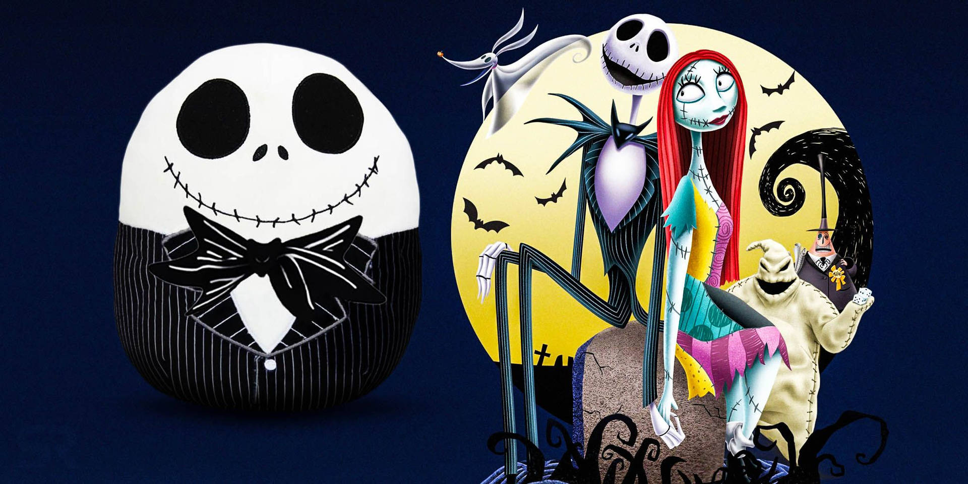 Jack Skellington 和 Sally 在萬聖節小鎮，有蝙蝠和滿月。 — Squishmallows 壁紙