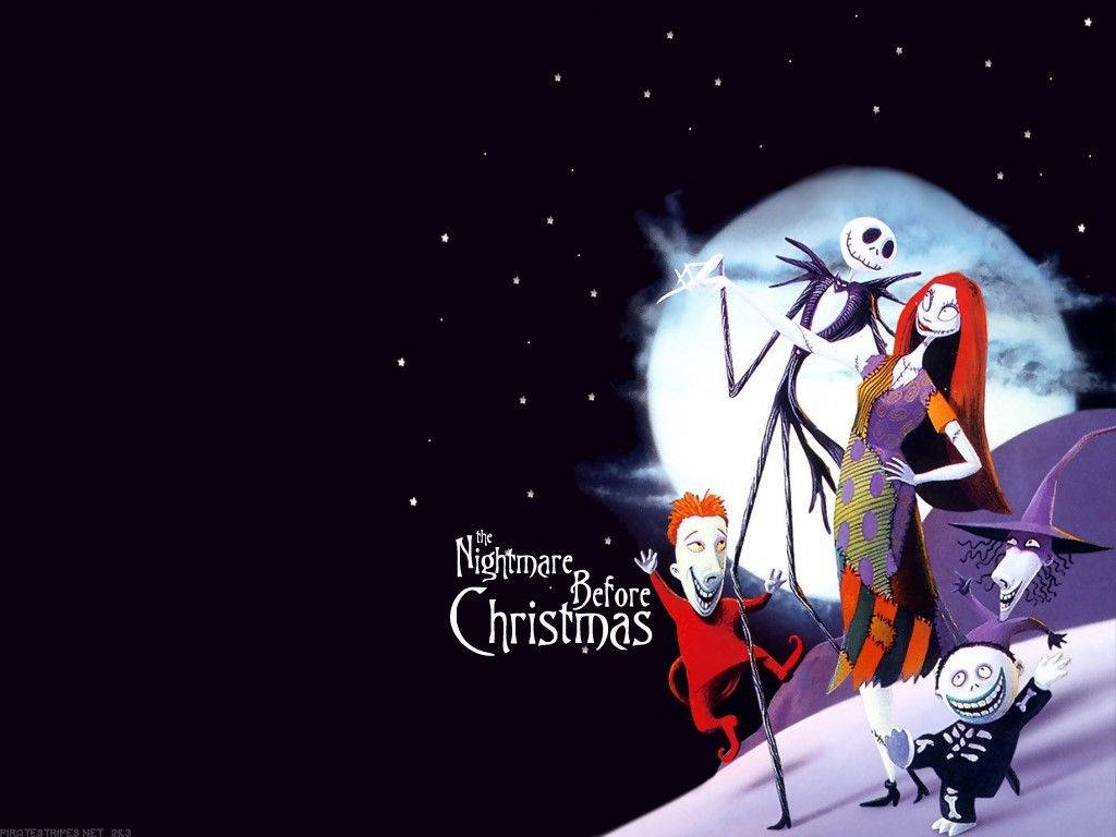 nightmare 桌布 壁紙 — Jack Skellington 和 Sally 站在滿月前，與 Zero 和市長一起，來自《聖誕夜驚魂》的詭異夜景。