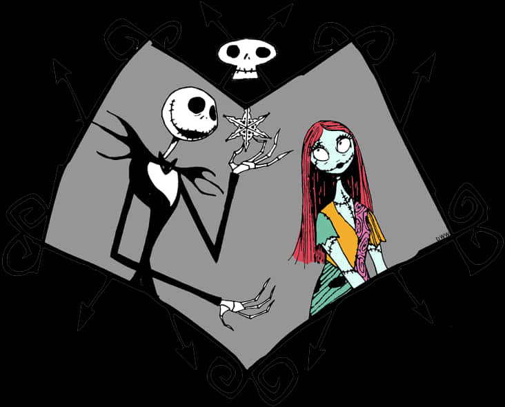 Nightmare Before Christmas Characters 桌布 壁紙 — Jack Skellington 和 Sally 一起站在一個由箭頭和骷髏頭框住的詭異風格插圖中。