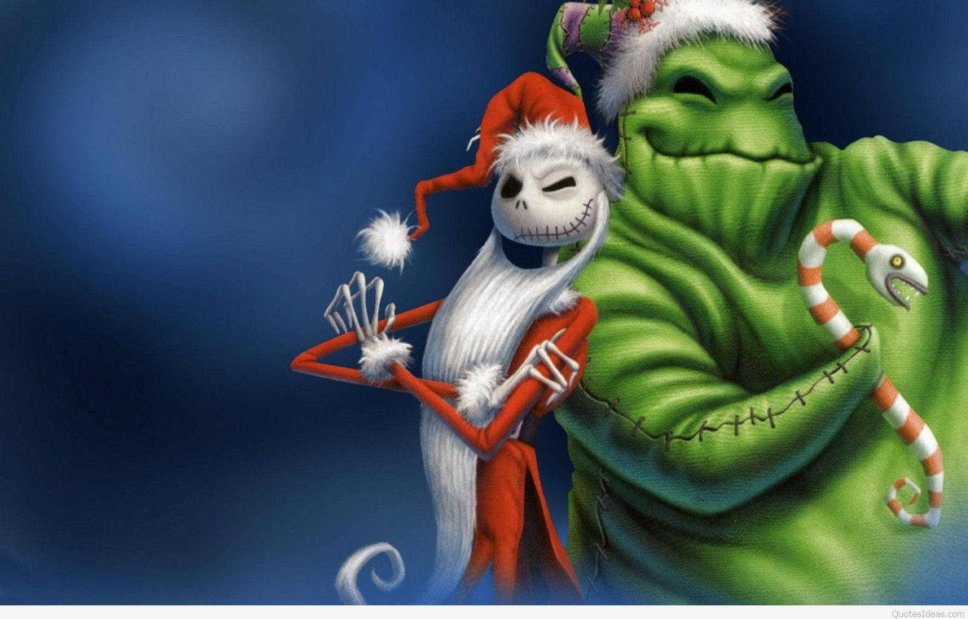 Jack Skellington 桌布 壁紙 — Jack Skellington 和 Grinch 穿著節日服裝，在深藍色背景前一起擺姿勢。