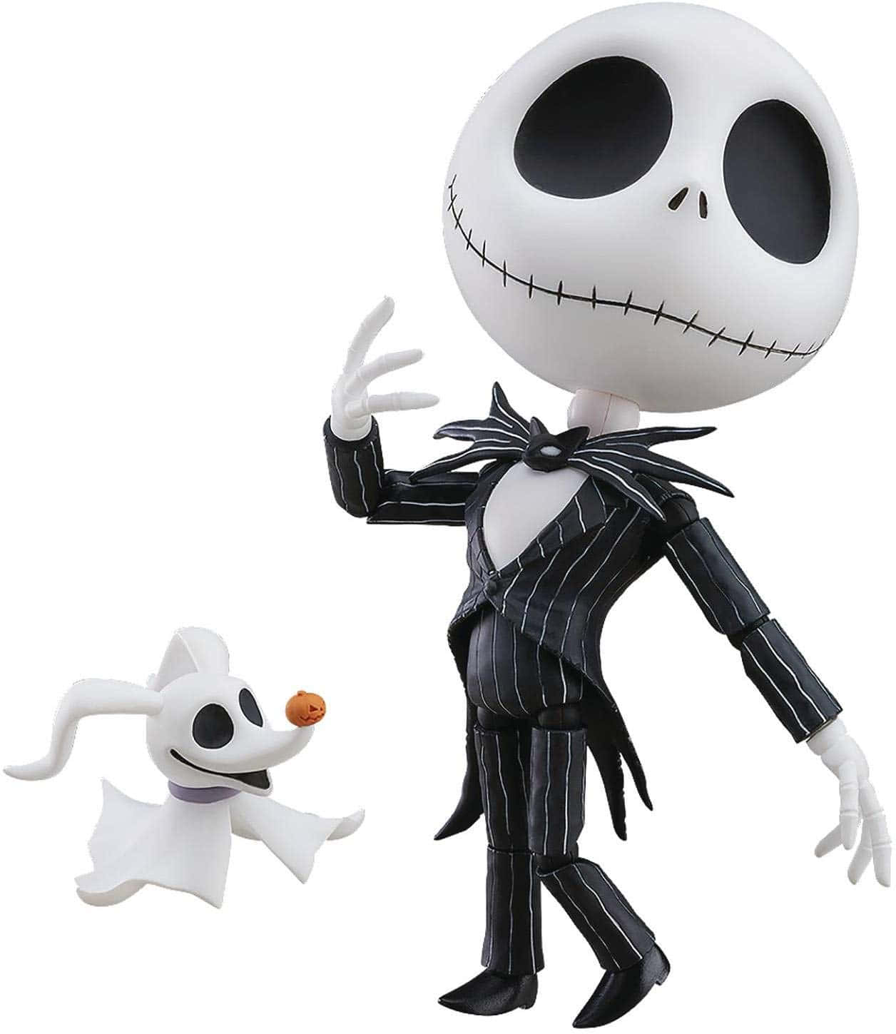 傑克·史克林頓 桌布 壁紙 — Jack Skellington 和 Zero 公仔在純白背景前擺姿勢，Jack 揮手，Zero 拿著南瓜。