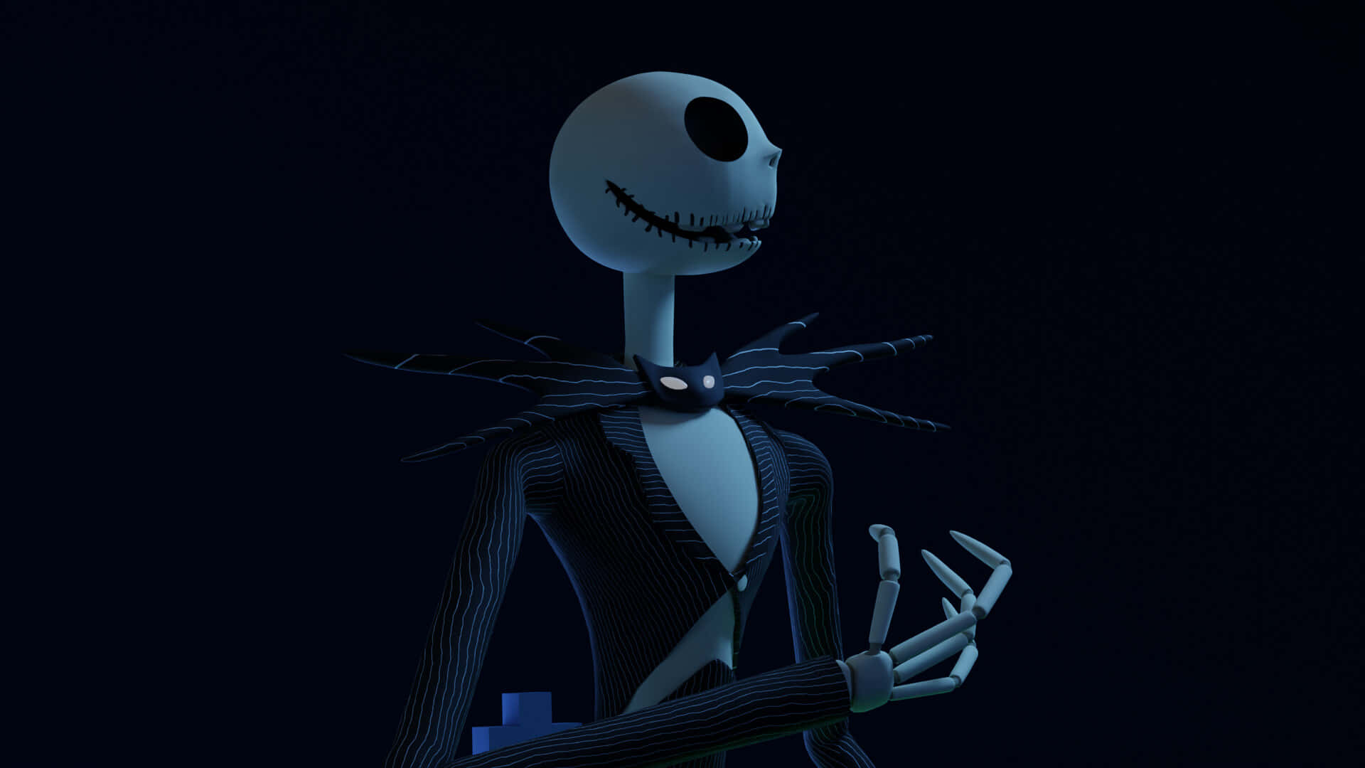 傑克·史克林頓 桌布 壁紙 — Jack Skellington 穿著他標誌性的條紋西裝，站在帶有微妙星星紋理的深藍色背景前。