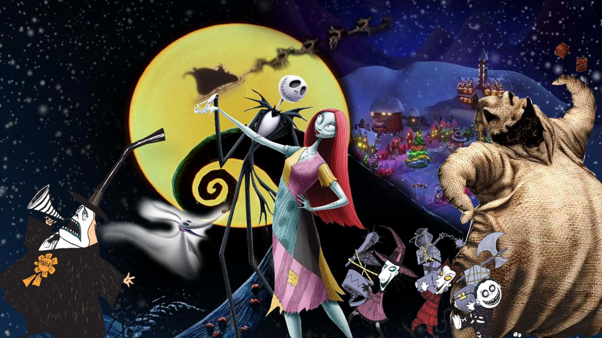 Sally Nightmare Before Christmas 桌布 壁紙 — Jack Skellington 和 Sally 在萬聖節小鎮的巨大月亮下與骷髏角色和節日燈光共舞。