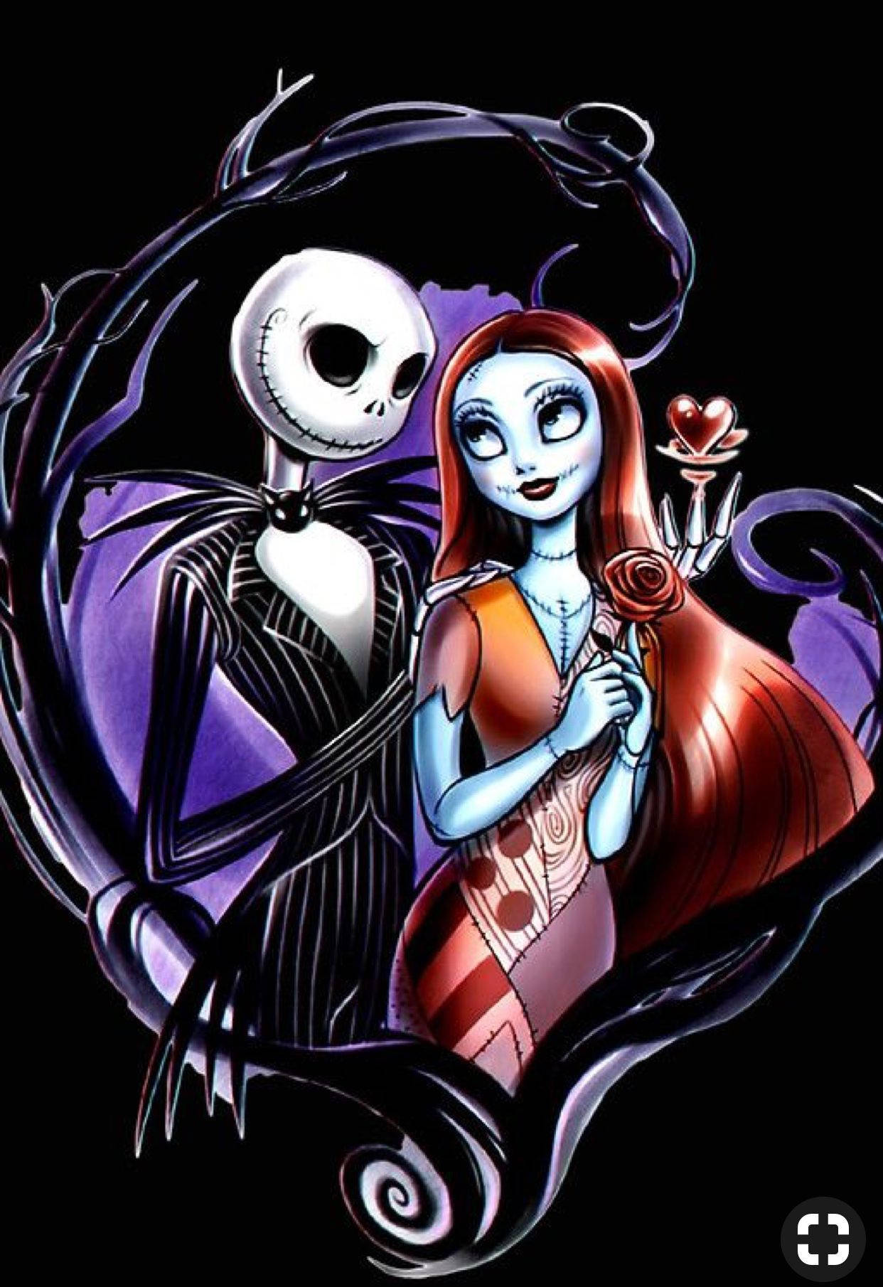 nightmare 桌布 壁紙 — Jack Skellington 和 Sally 在一個旋轉的紫色心形框架中擁抱，框架中拿著玫瑰，背景為黑色。