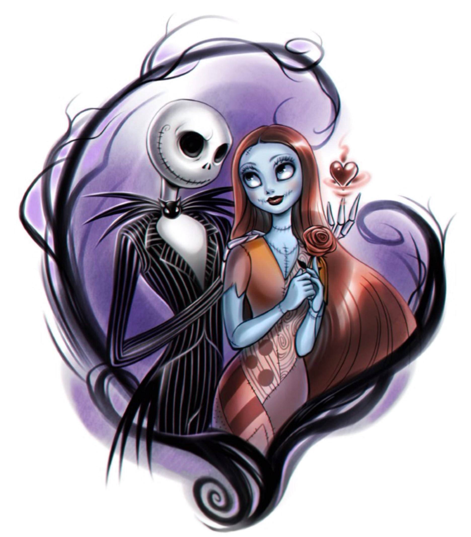 Sally 桌布 壁紙 — Jack Skellington 和 Sally 在一個旋轉的紫色心形框架中擁抱，手持玫瑰和漂浮的心。
