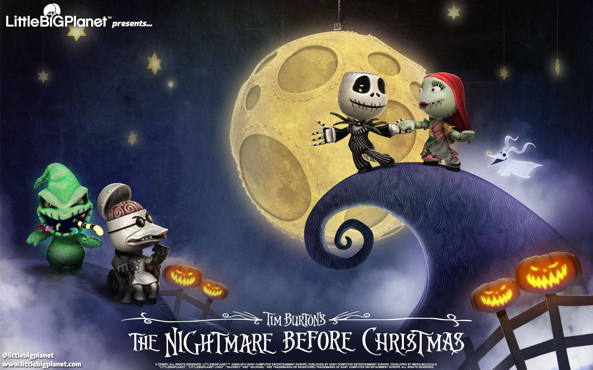 nightmare 桌布 壁紙 — Jack Skellington 和 Sally 站在螺旋形山丘上，在巨大的月亮下，有發光的南瓜燈和漂浮的星星，構成一個奇幻的萬聖節夜晚場景。