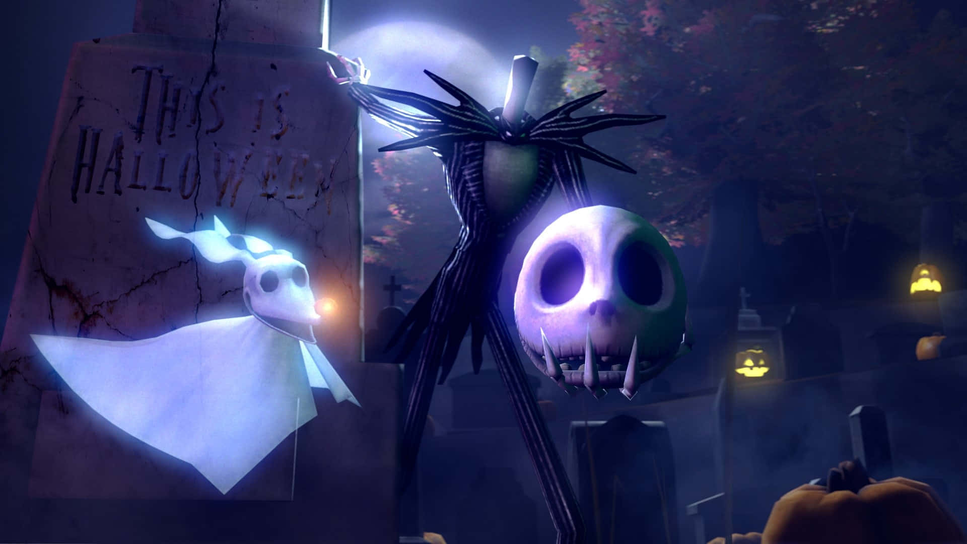 傑克·史克林頓 桌布 壁紙 — Jack Skellington 和 Zero 站在一個滿月下的陰森墓地中，周圍有墓碑和發光的南瓜燈。