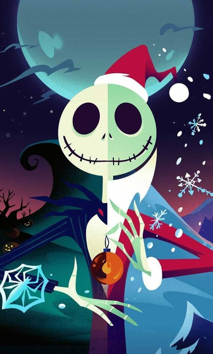 迪士尼聖誕節 桌布 壁紙 — Jack Skellington 戴著聖誕帽，在滿月雪夜中手持發光裝飾品。