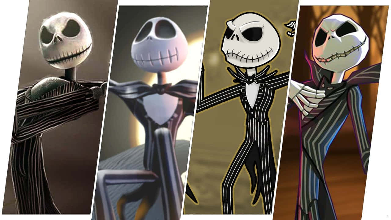 傑克·史克林頓 桌布 壁紙 — Jack Skellington 以四個動態姿勢穿著其標誌性條紋西裝，背景充滿氛圍。