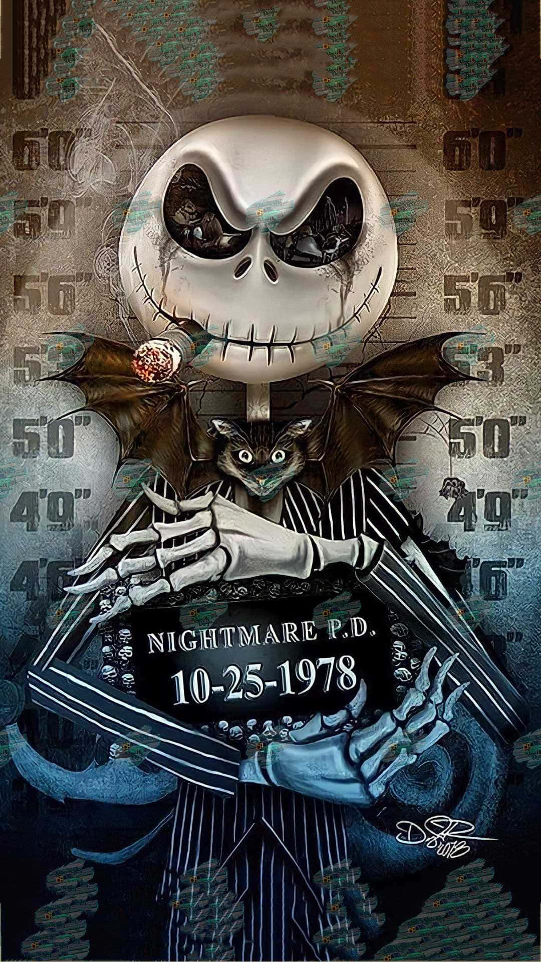 Nightmare Before Christmas Phone 桌布 壁紙 — Jack Skellington 拿著球棒並抽煙，背景是帶有身高標記的警方檔案照。