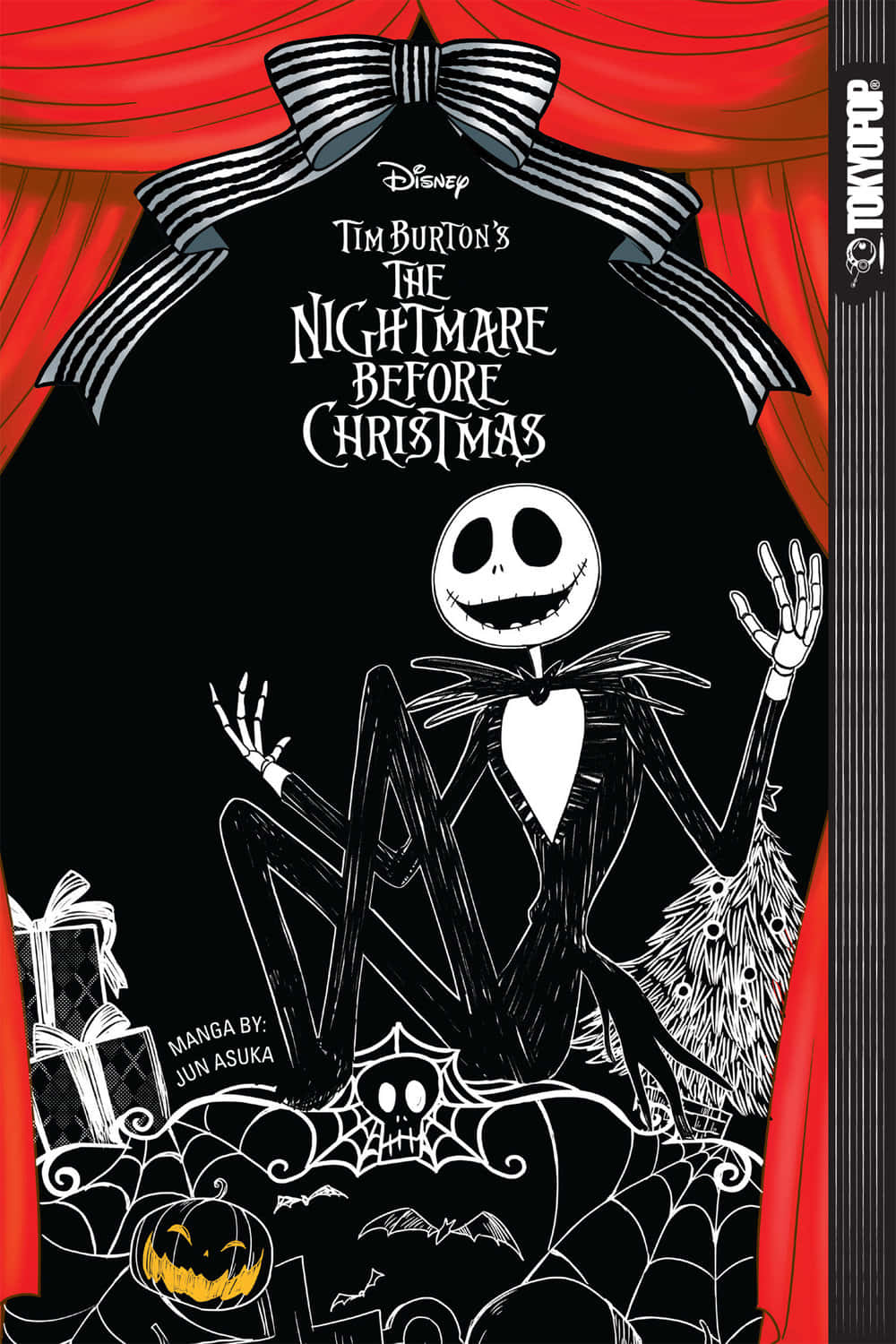 傑克·史克林頓 桌布 壁紙 — Jack Skellington 身穿黑色燕尾服，坐在紅色帷幕下的舞台中央，下方有南瓜燈和蝙蝠。