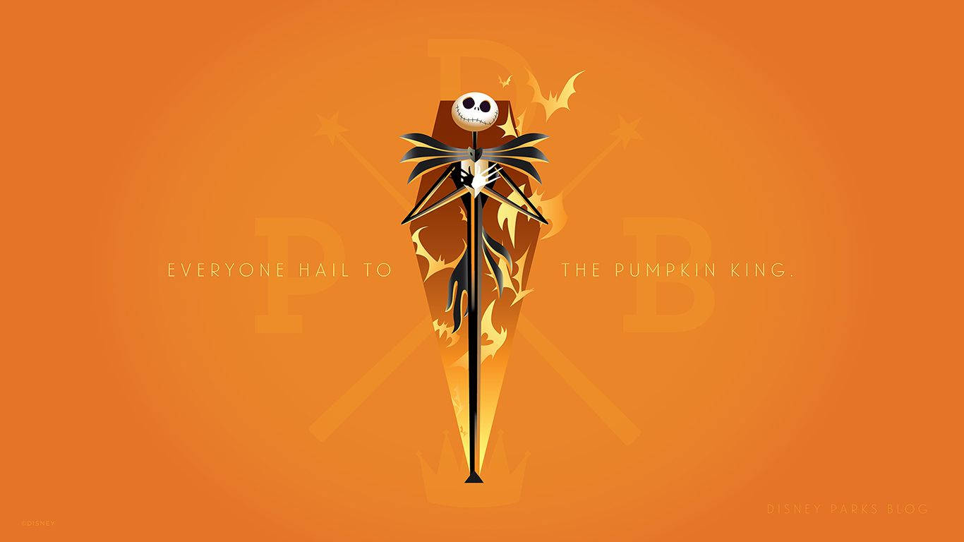 nightmare 桌布 壁紙 — Jack Skellington 身穿南瓜王服飾，在充滿活力的橙色漸變背景前威嚴地站立。