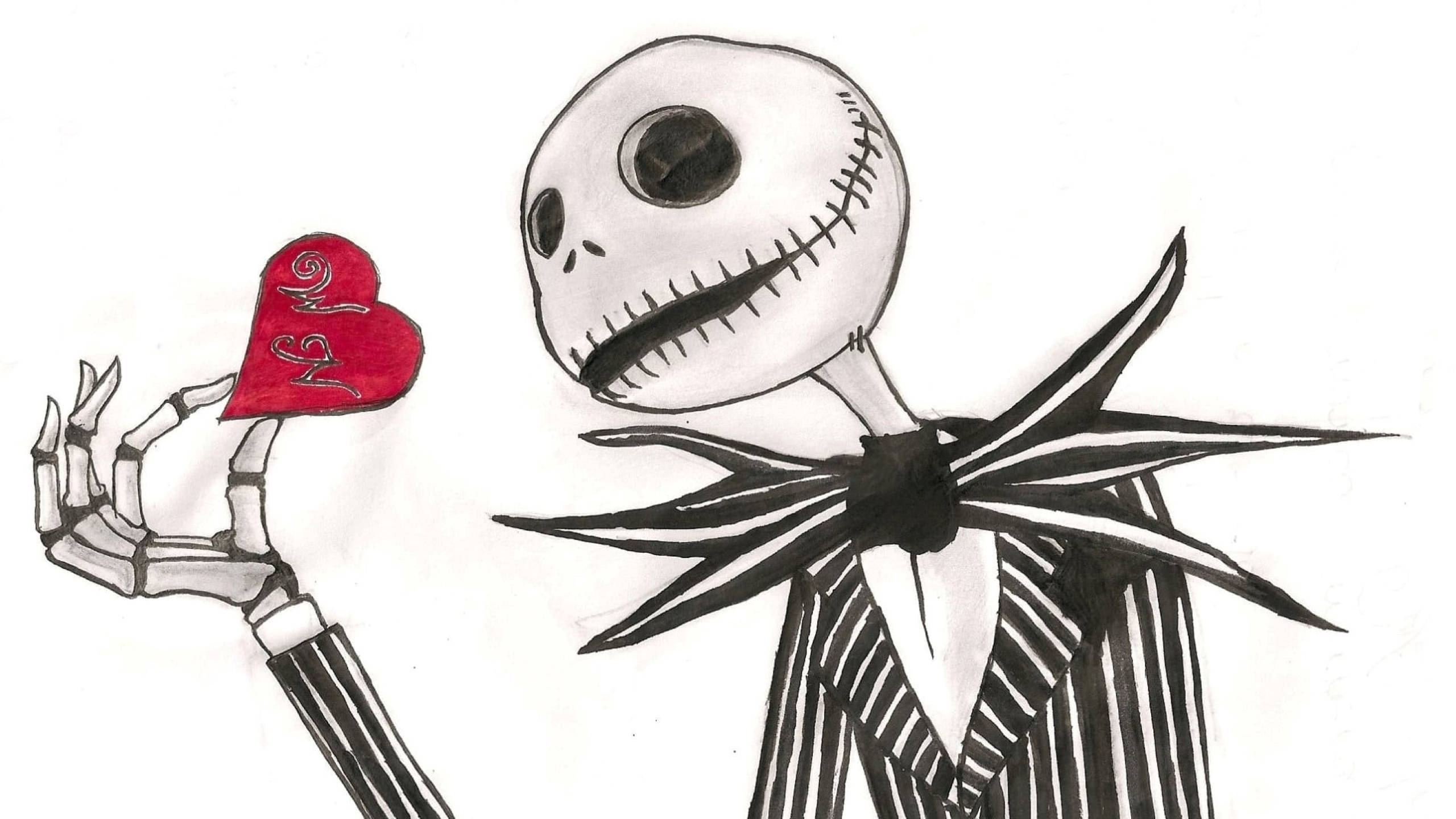 傑克·史克林頓 桌布 壁紙 — Jack Skellington 手持一個帶有漩渦的紅色心形，以黑白素描風格呈現。