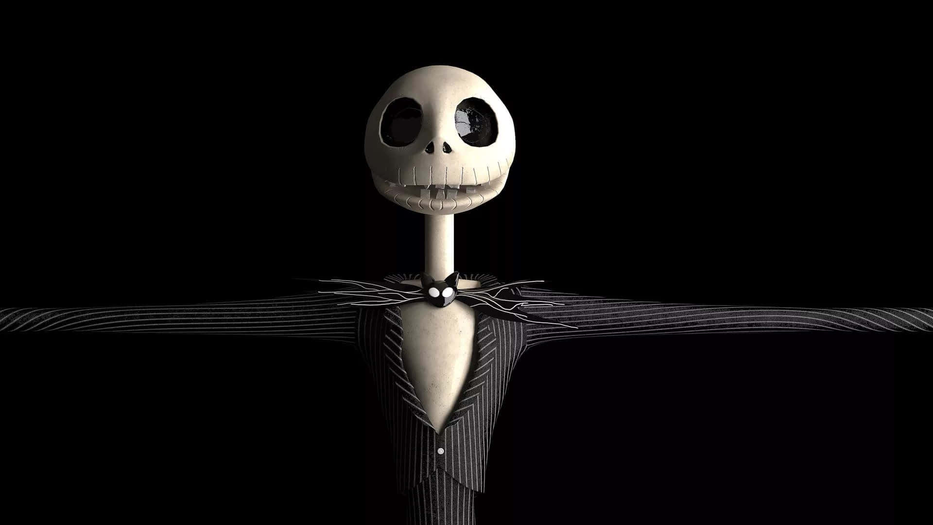 傑克·史克林頓 桌布 壁紙 — Jack Skellington 站在黑色背景前，身穿標誌性條紋西裝，雙臂張開。