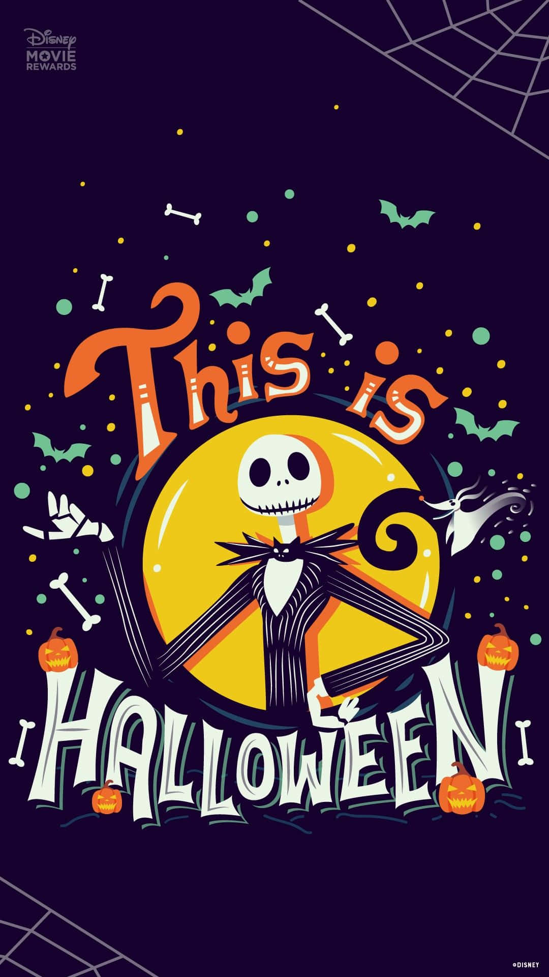 Nightmare Before Christmas Phone 桌布 壁紙 — Jack Skellington 愉快地站在發光的黃色月亮前，蝙蝠、骨頭和南瓜漂浮在他周圍，營造出節日萬聖節場景。