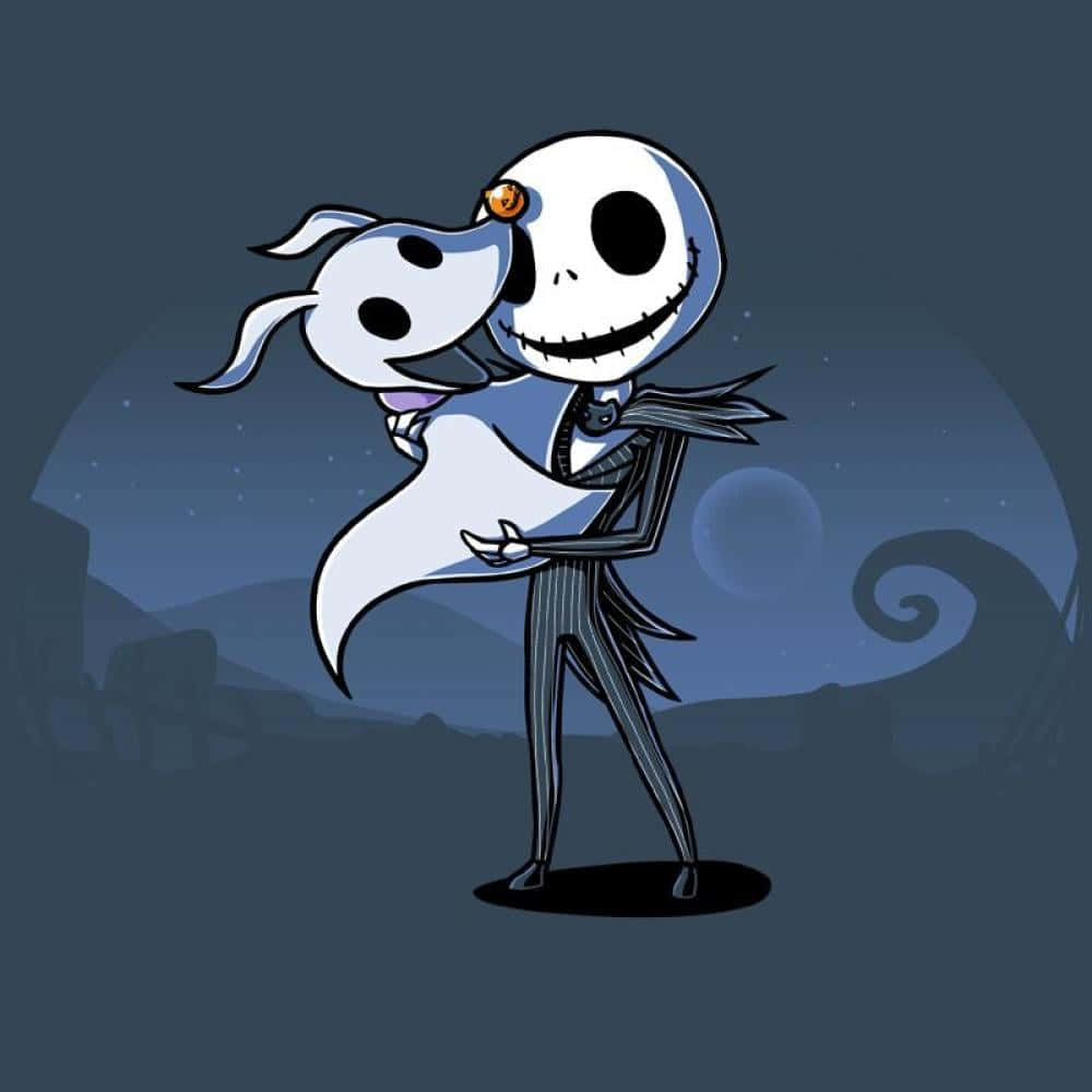 聖誕夜驚魂 桌布 壁紙 — Jack Skellington 在繁星夜空下抱著他的鬼魂狗 Zero，背景有一個旋轉的月亮。