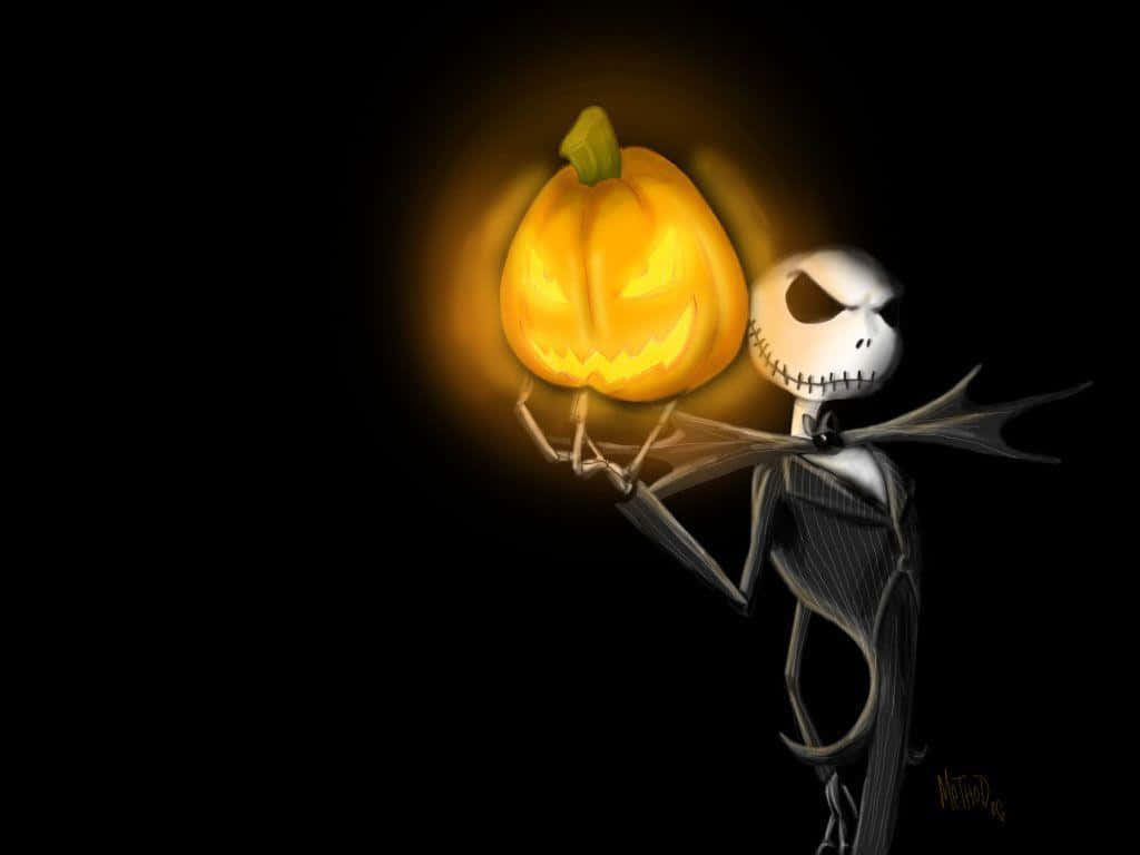 聖誕夜驚魂 桌布 壁紙 — Jack Skellington 在黑暗背景下手持發光的傑克南瓜燈，南瓜散發出溫暖的光芒。