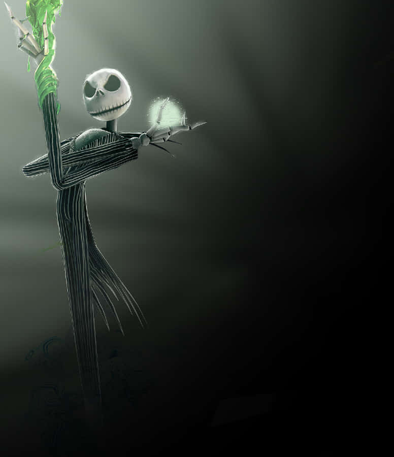 傑克·史克林頓 桌布 壁紙 — Jack Skellington 在黑暗中漂浮，手持發光的綠色藤蔓和一個鬼魅球體，身後有詭異的光束。