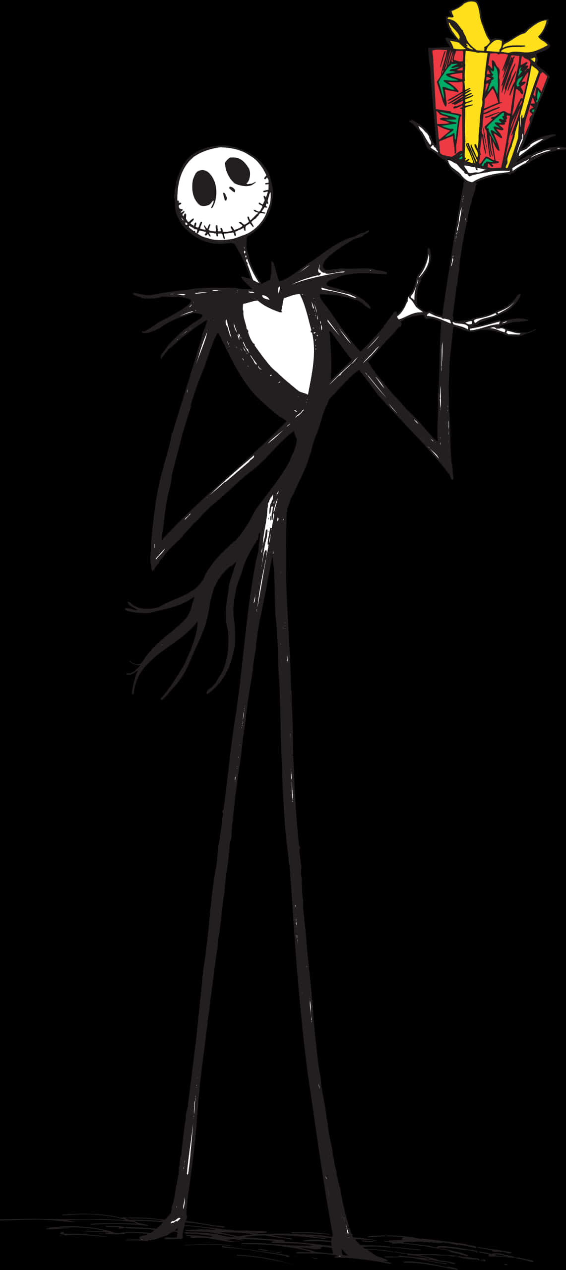 Nightmare Before Christmas Characters 桌布 壁紙 — Jack Skellington 在黑色背景前手持一個紅色和綠色包裝、黃色蝴蝶結的禮物。